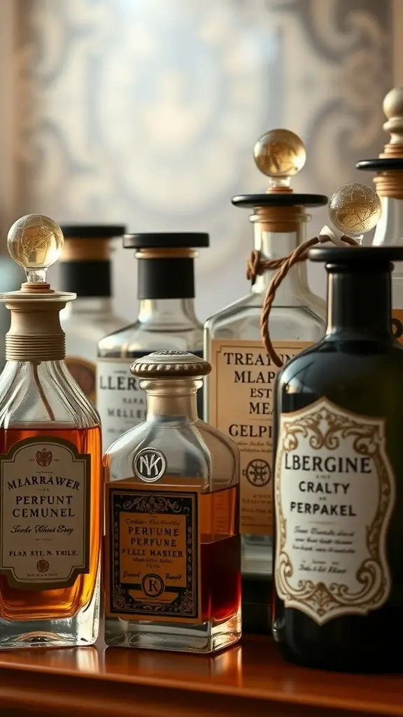 A collection of vintage perfume bottles showcasing elegant designs and labels.