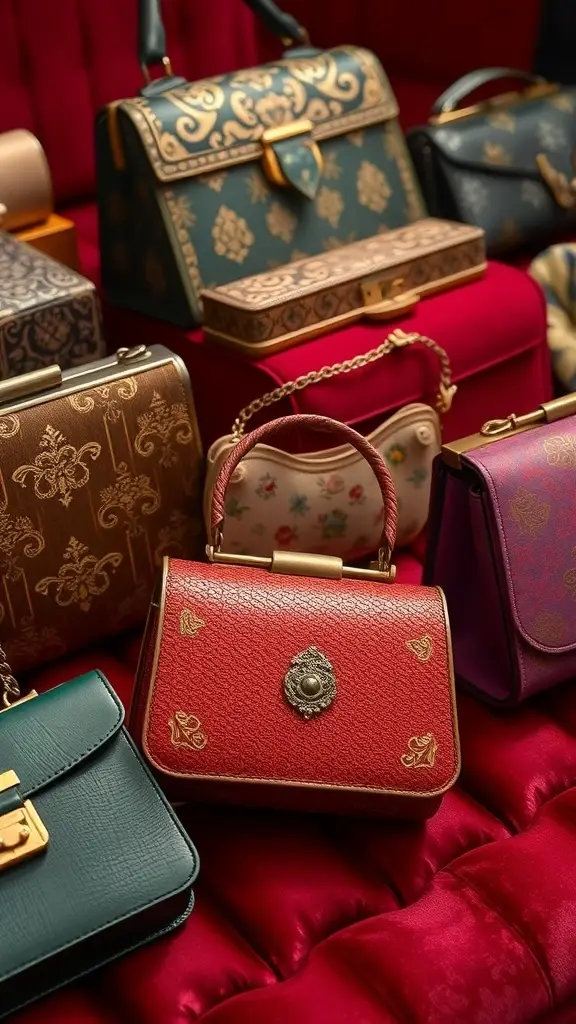 A collection of vintage handbags showcasing 1920s fashion with intricate designs and rich textures.