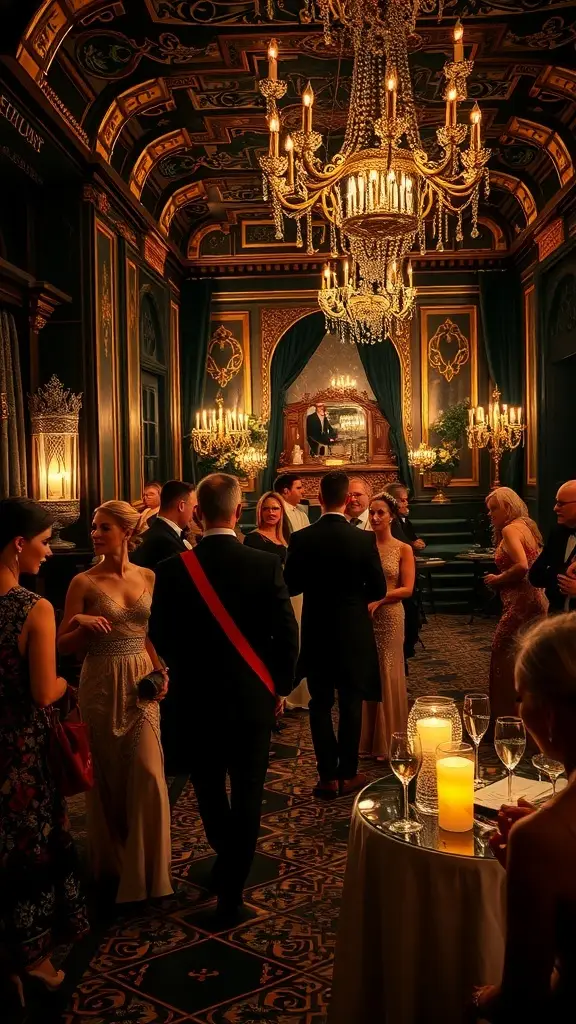 A glamorous 1920s party scene with guests in vintage attire, elegant chandeliers, and rich decor.