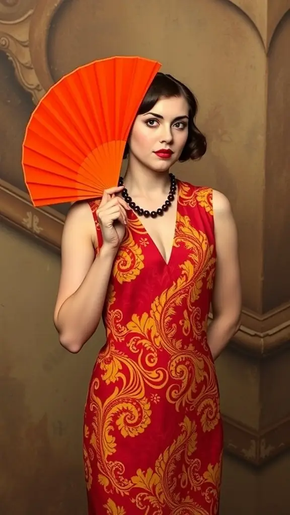 A vibrant display featuring colorful flowers, a vintage watch, and a decorative fan, symbolizing the bold colors of 1920s fashion.