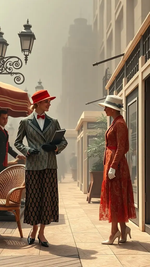 Two women in 1920s fashion, one in a patterned jacket and red hat, the other in a red lace dress, in a vintage café setting.