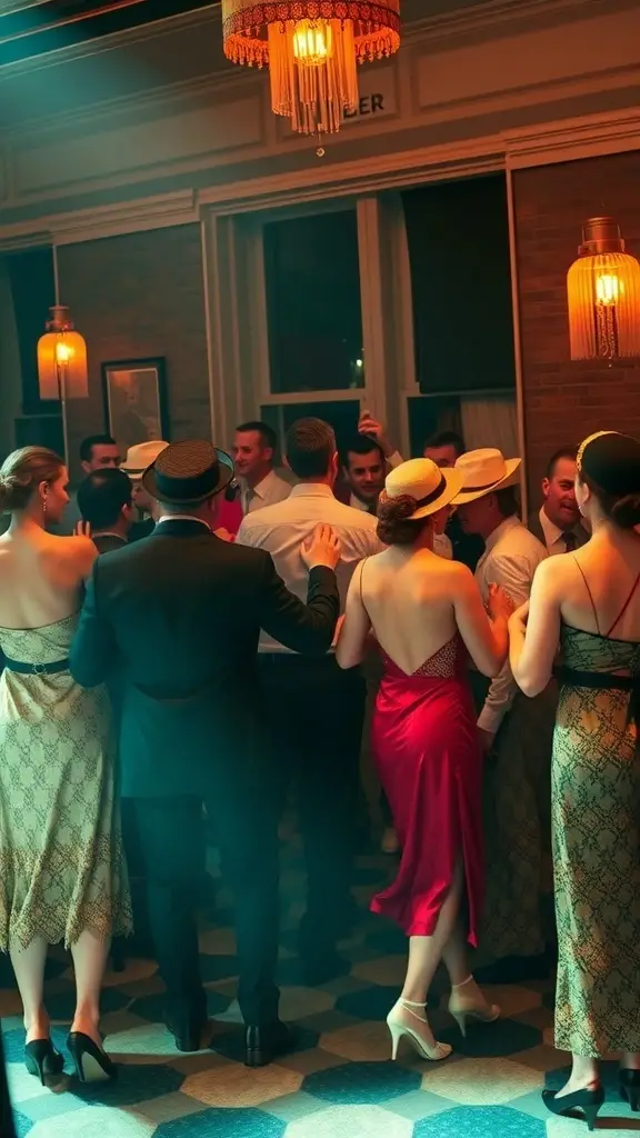 A lively gathering in the 1920s with elegantly dressed individuals enjoying the moment.