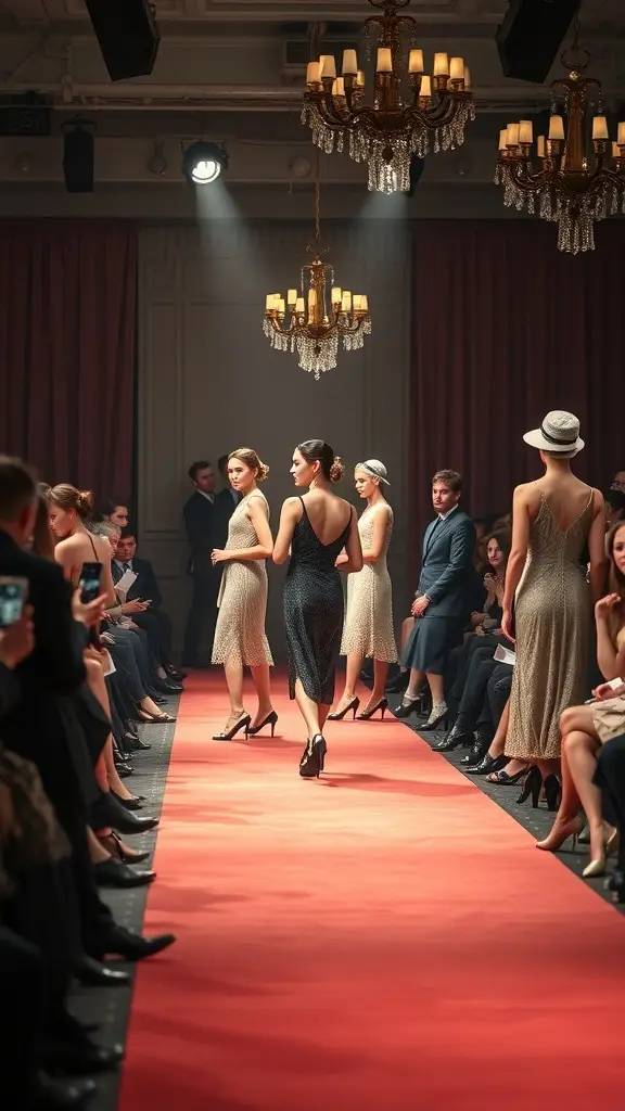 A vintage fashion show featuring models in elegant 1920s dresses on a runway with chandeliers.