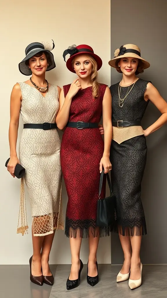 Three women in 1920s flapper dresses walking confidently on a city street.