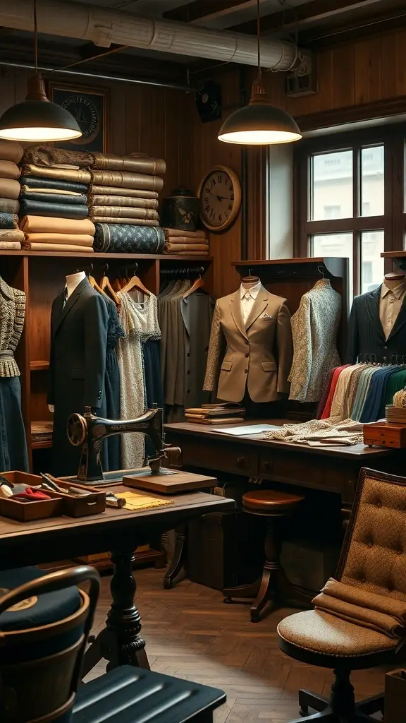 A vintage tailor shop filled with elegant suits and fabrics, showcasing the importance of tailoring in 1920s fashion.