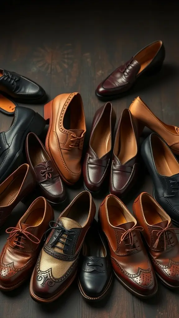 A collection of vintage footwear including Oxfords and heels in various colors and styles.