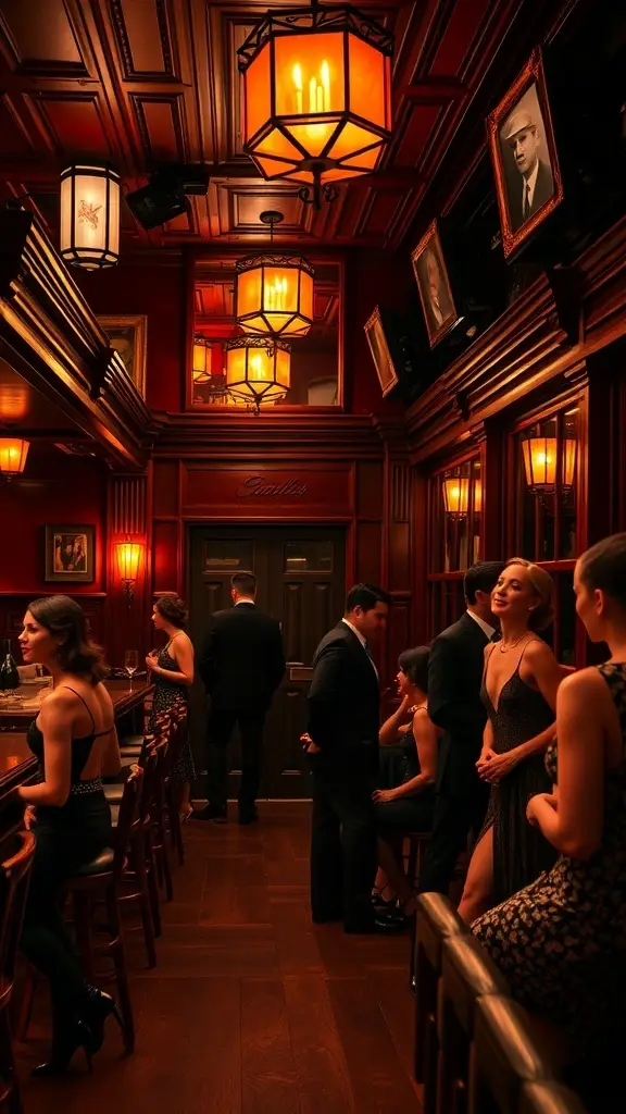 A stylish bar scene from the 1920s, featuring elegantly dressed individuals enjoying the atmosphere.
