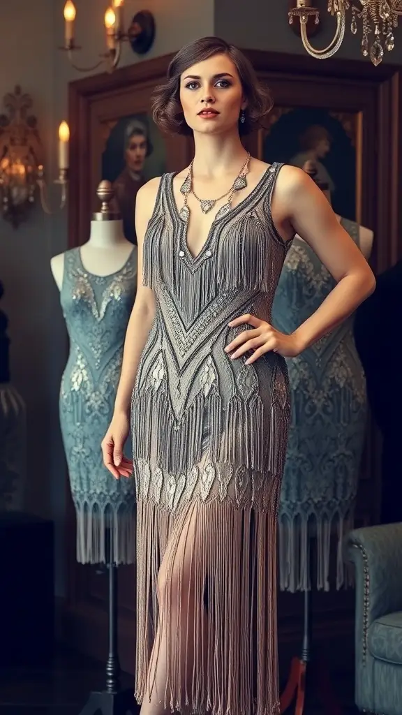 A vintage teal flapper dress with intricate beadwork and fringe, displayed on a mannequin in an elegant setting.