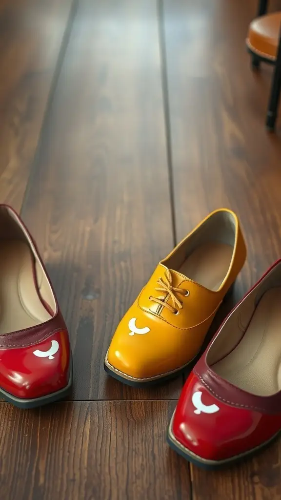 A collection of vintage-inspired shoes in cherry red and butter yellow on a wooden floor.