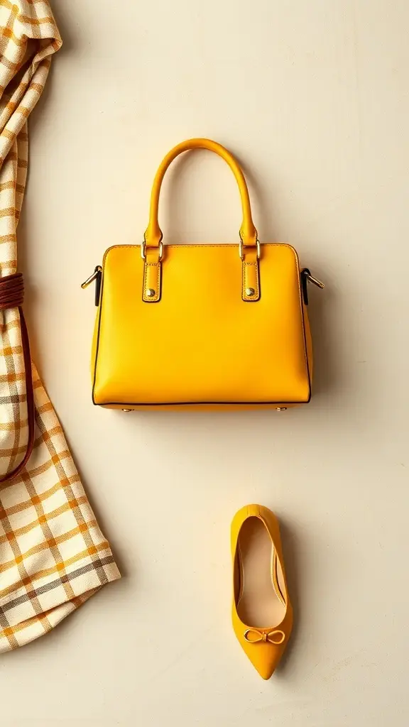 A butter yellow handbag and matching heels on a neutral background, alongside a plaid scarf.