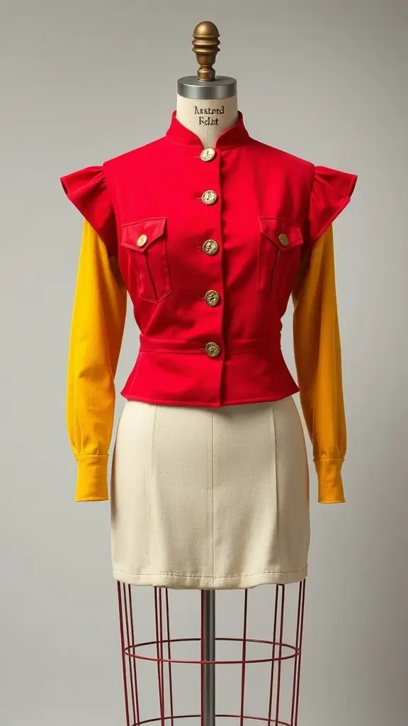 A vintage-inspired outfit featuring a cherry red jacket with structured shoulders layered over a butter yellow long-sleeve shirt, paired with a cream high-waisted skirt.