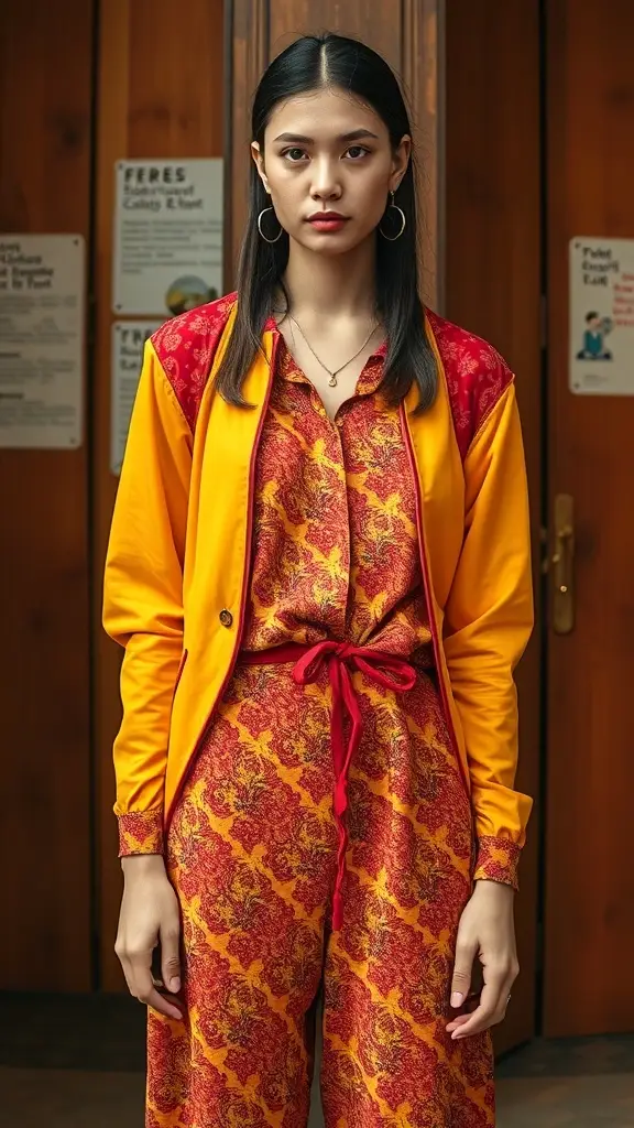 A model wearing a vintage-inspired outfit featuring a yellow jacket and a red patterned jumpsuit.