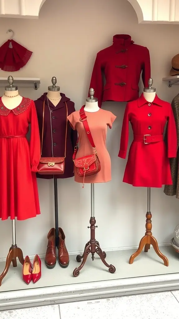A display of cherry red clothing pieces including dresses, a jacket, and accessories.