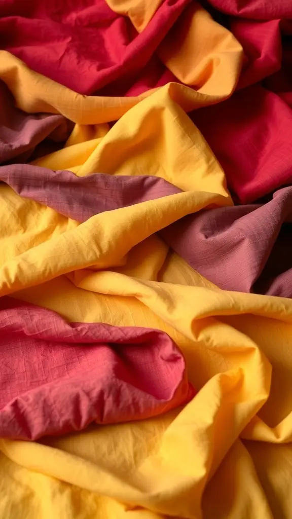 A collection of fabrics in cherry red, butter yellow, and aura indigo, showcasing their textures and colors.