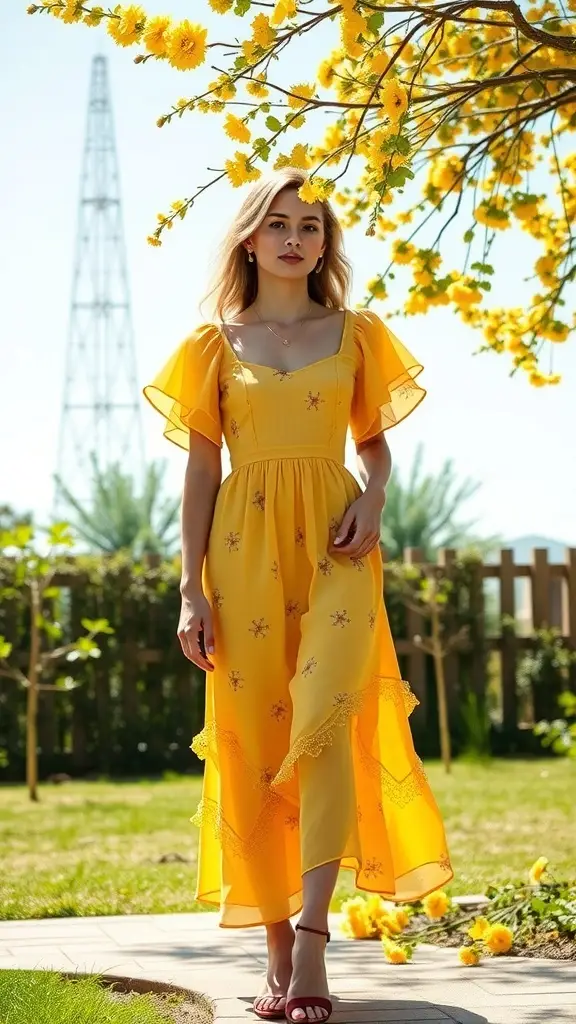A woman wearing a butter yellow dress with flutter sleeves, standing in a garden filled with yellow flowers.
