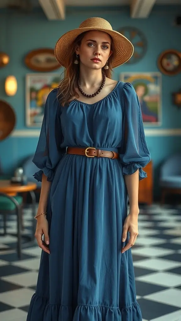 Model in a vintage-inspired Aura Indigo dress with a straw hat and accessories.