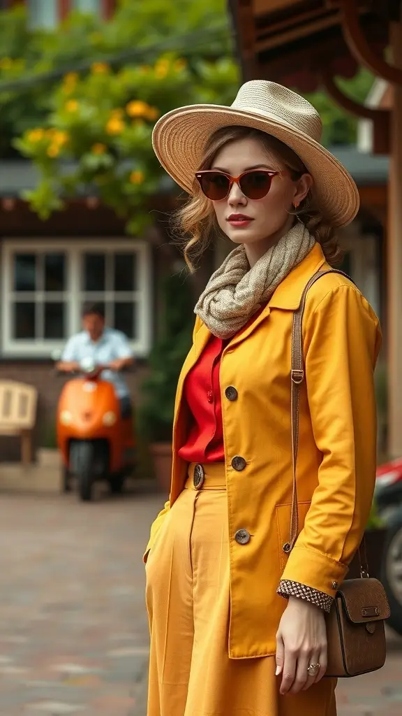 A stylish woman in a butter yellow coat and red top, accessorized with a beige scarf and brown handbag.