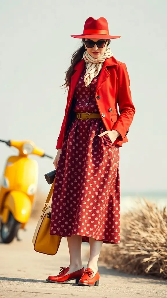 A woman wearing a cherry red coat and hat, paired with a floral dress and butter yellow bag, standing next to a yellow scooter.