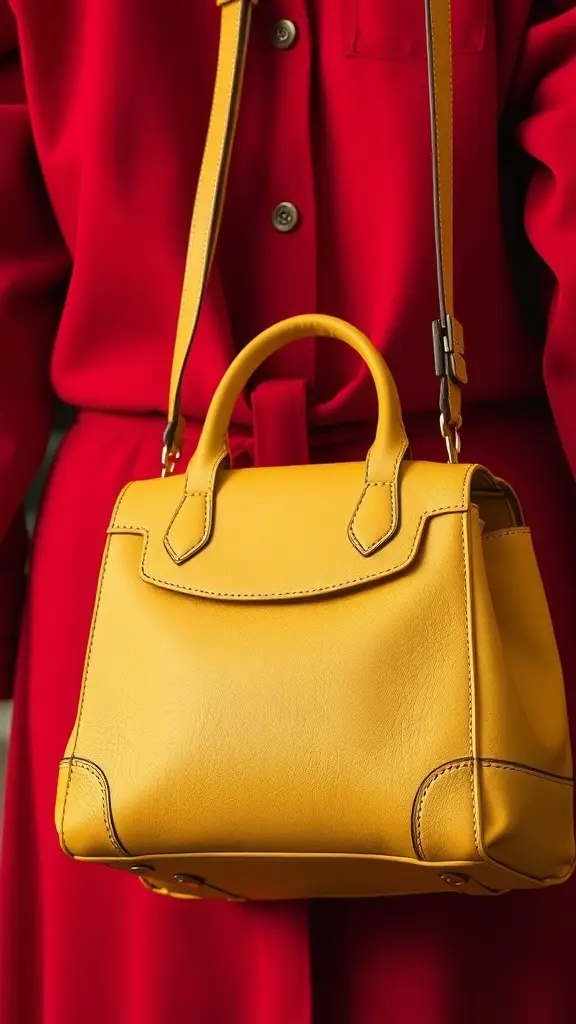 A butter yellow handbag being held against a cherry red outfit.