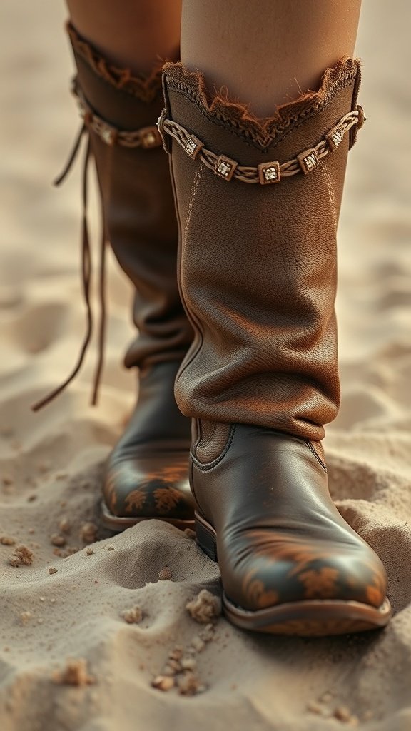 A collection of earthy-toned accessories including worn leather boots, jewelry, and a handbag arranged aesthetically.