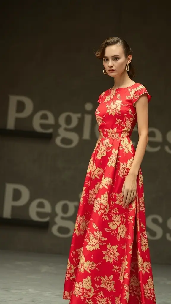 A model wearing a cherry red vintage dress with floral prints.