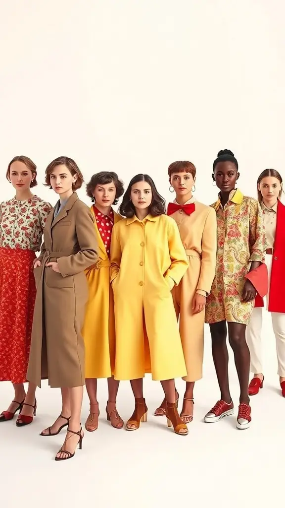 Models showcasing vintage-inspired outfits in cherry red, butter yellow, and aura indigo.