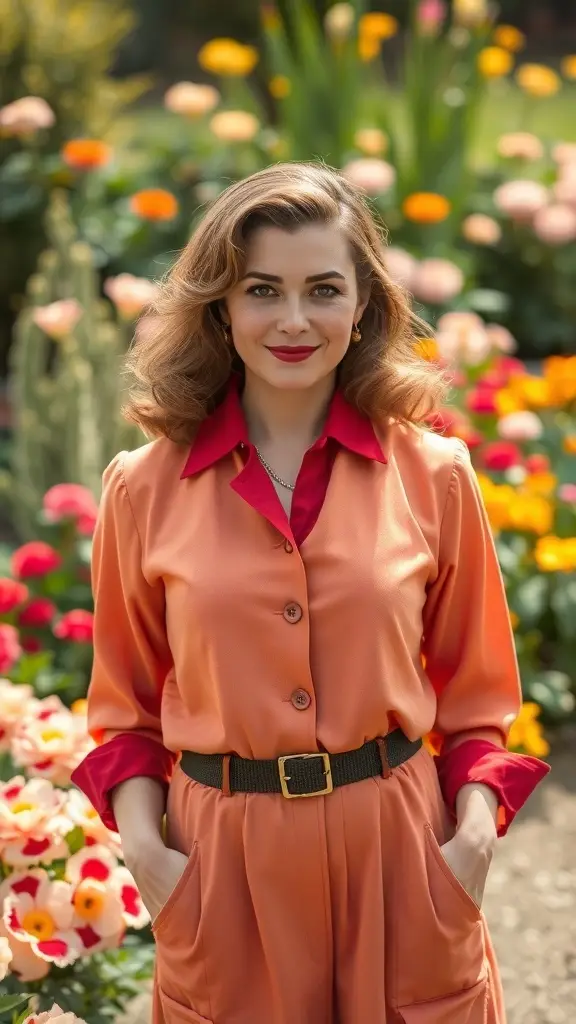 A vintage-inspired outfit featuring a cherry red top, butter yellow jacket, and floral skirt, complemented by a neutral bag.