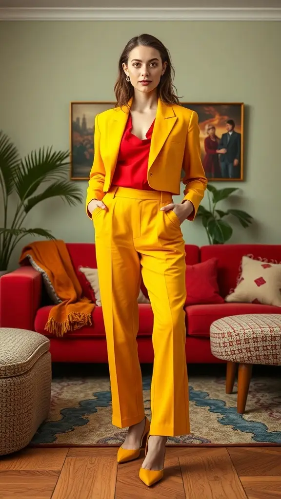 A mannequin dressed in a vintage-inspired outfit featuring a butter yellow suit and a cherry red top, paired with red heels.
