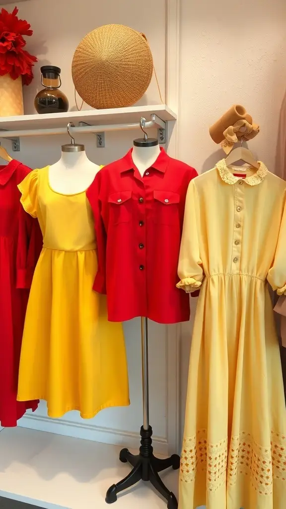 A display of vintage clothing featuring cherry red and butter yellow garments with tags highlighting their sustainable origins.