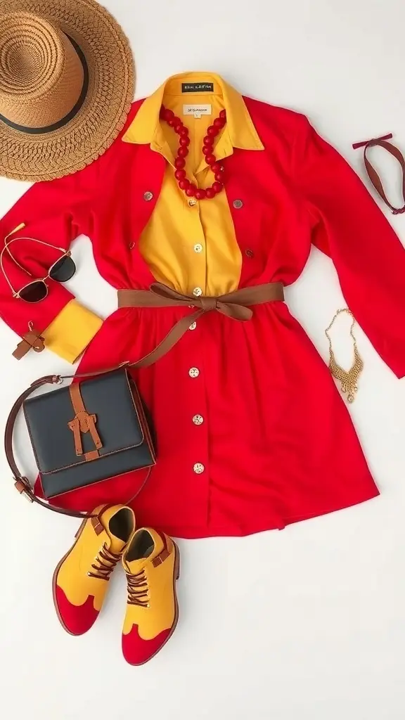 A vintage-inspired outfit featuring a cherry red and butter yellow dress, paired with various accessories including hats, sunglasses, and shoes.