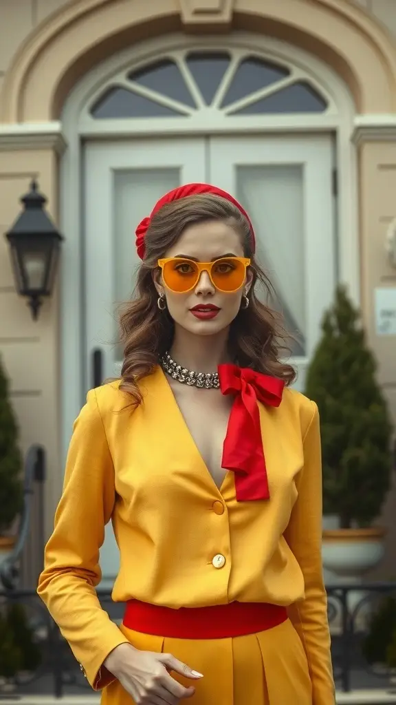 Two women in vintage-inspired outfits: one in a cherry red dress and the other in a butter yellow coat with a matching hat.