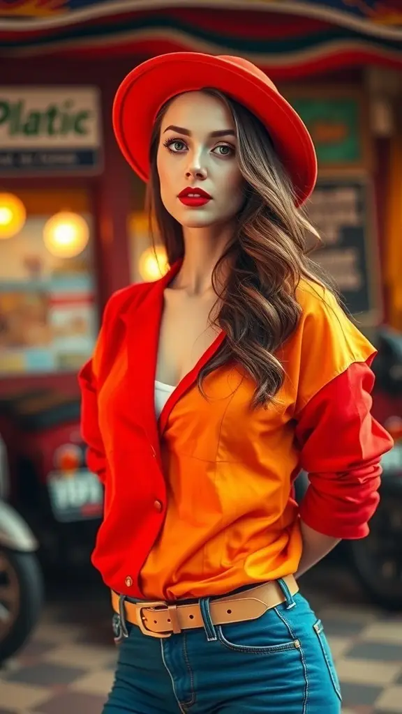 Two models walking in cherry red and butter yellow outfits, showcasing vintage-inspired fashion.