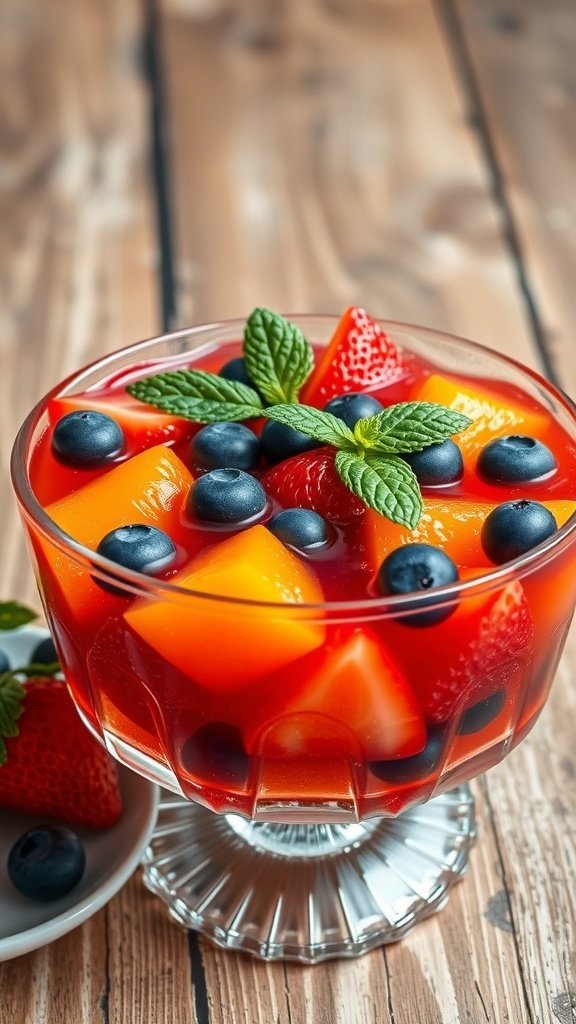 A colorful gelatin salad with fresh fruits like strawberries, blueberries, and peaches, garnished with mint leaves.
