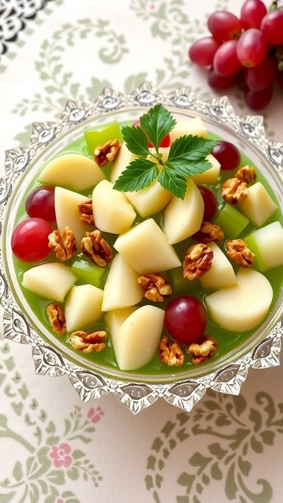 A bowl of Waldorf salad with diced apples, grapes, and walnuts