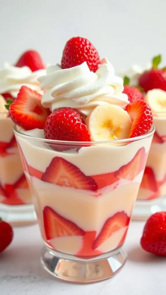 A colorful dessert featuring layers of strawberries, bananas, whipped cream, and jello in a glass.