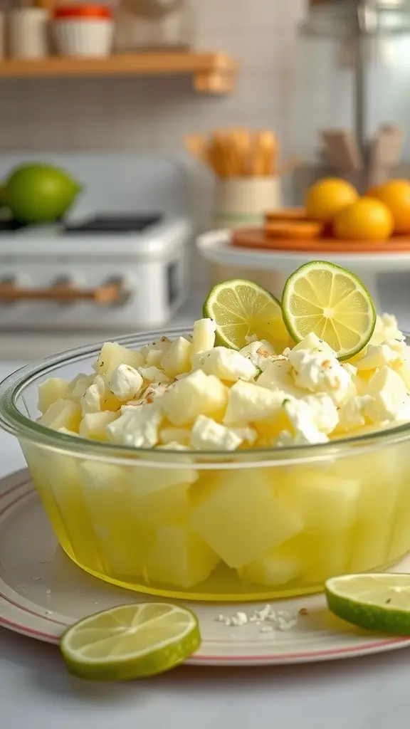 A vibrant retro lime and cottage cheese salad in a glass bowl, garnished with lime slices.