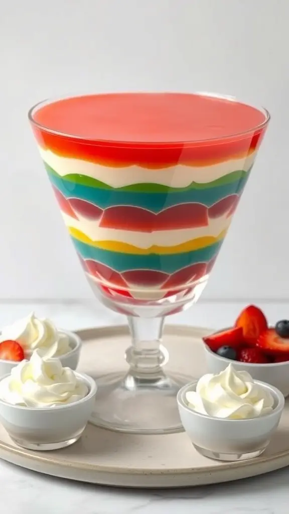 A colorful layered jello salad in a glass dish, surrounded by small bowls of whipped cream and fresh fruits.