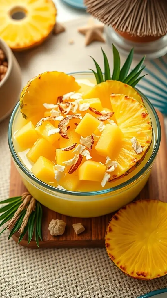 A bowl of Tropical Pineapple and Coconut Jello Surprise, featuring diced pineapple and shredded coconut on top.