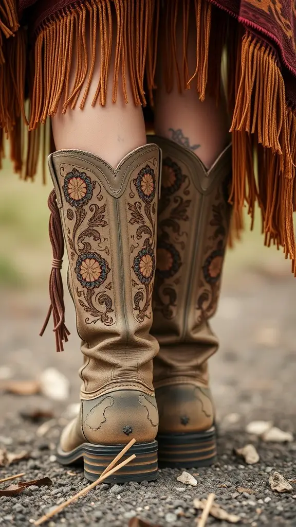 A selection of bohemian clothing and worn leather boots on a rack, showcasing earthy tones and textures.