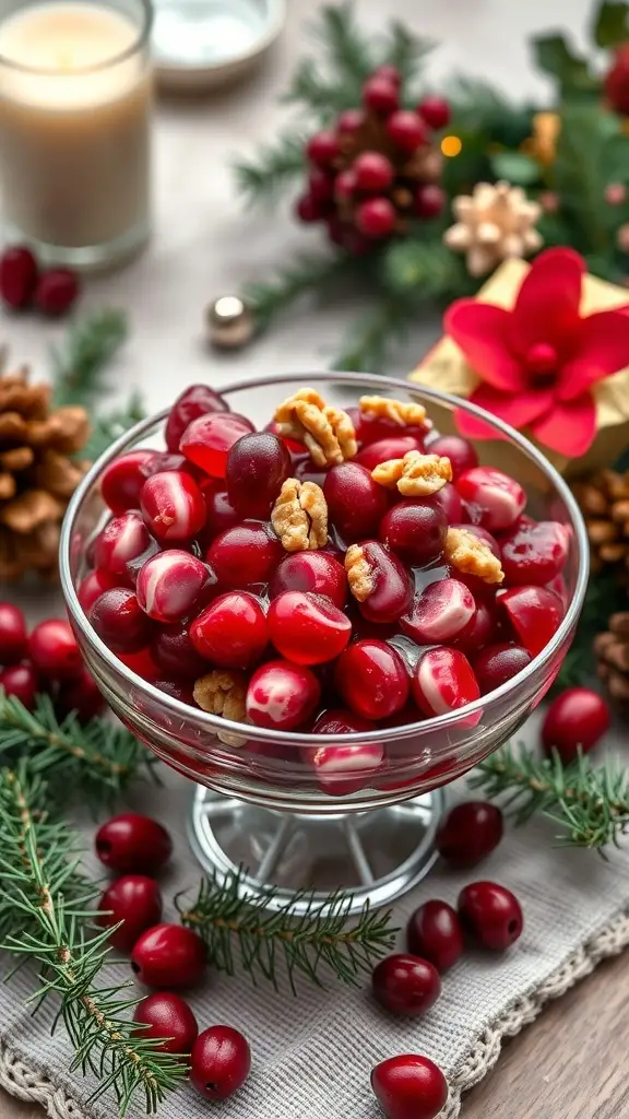 A bowl of classic cranberry salad with walnuts, surrounded by festive decorations.