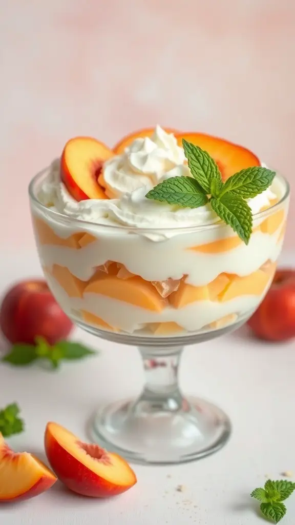 A glass bowl filled with Peach Fluff Jello Salad, garnished with peach slices and mint leaves.