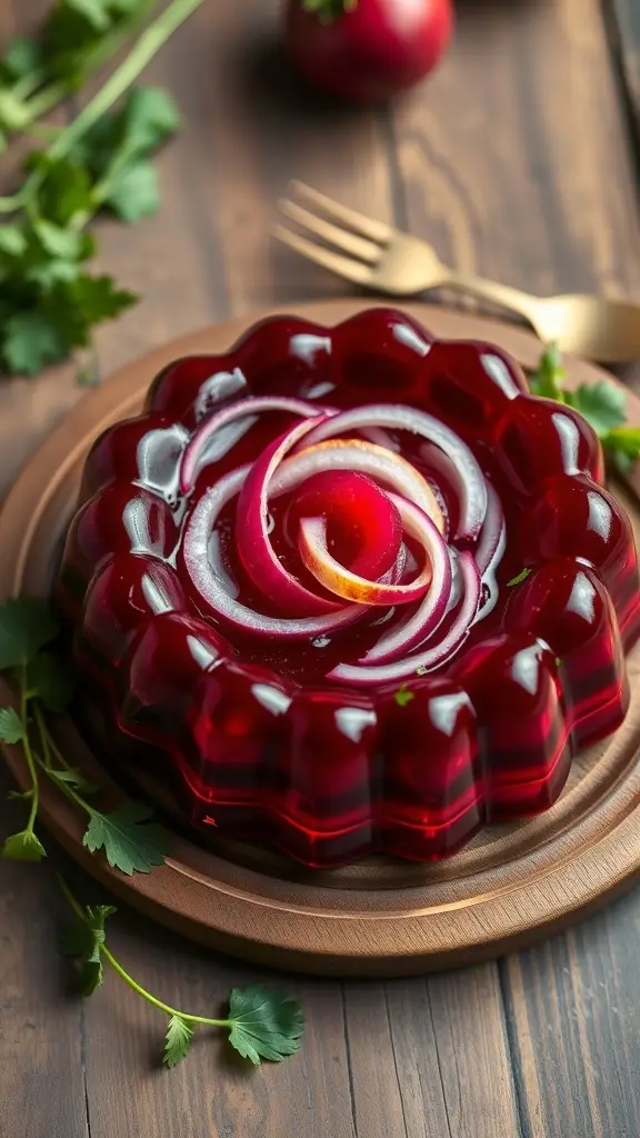 A vibrant jellied beet salad displayed in a decorative mold, garnished with onion and herbs.