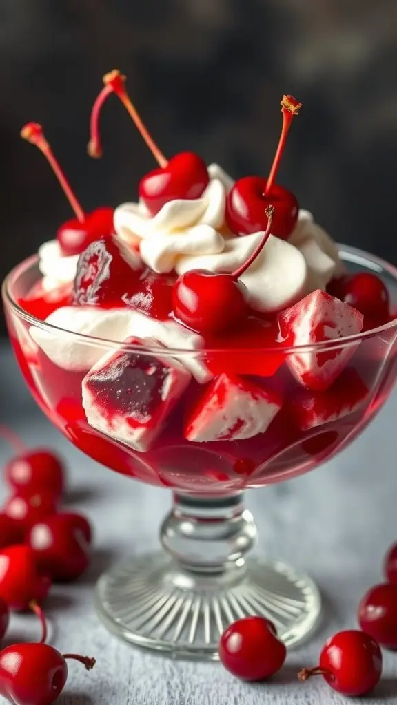 A bowl of Cherry Delight Jello Salad topped with whipped cream and cherries