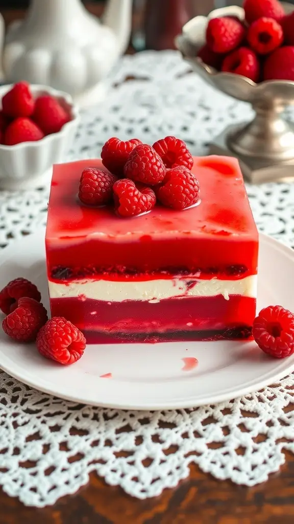 A layered Raspberry Cream Cheese Jello Mold topped with fresh raspberries.