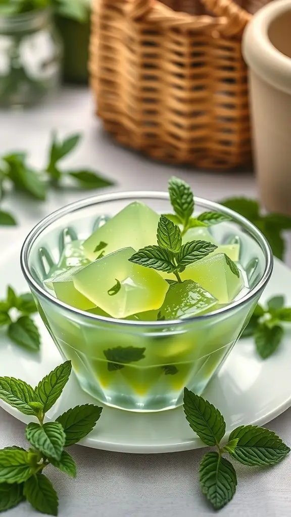 A bowl of Minty Green Jello Salad garnished with fresh mint leaves, showcasing a refreshing treat.