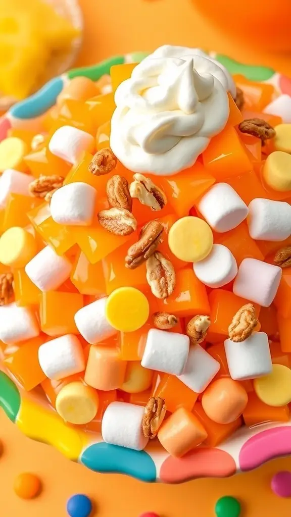 A vibrant bowl of orange gelatin salad topped with marshmallows and pecans, set against a colorful background.