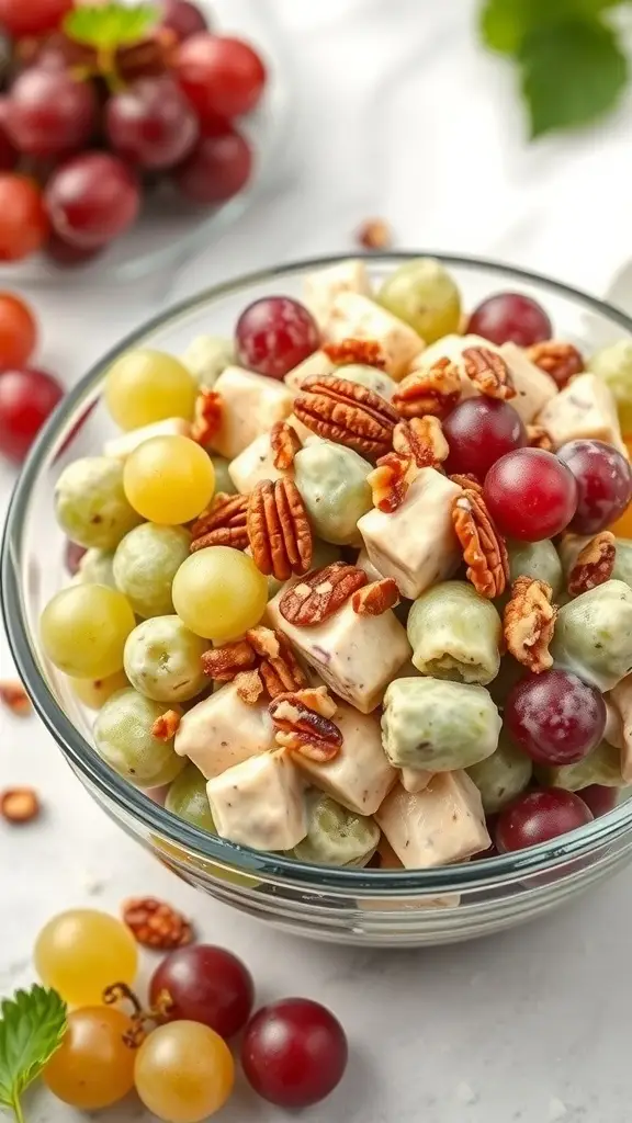 A bowl of grape salad with creamy dressing, featuring green and red grapes, pecans, and a creamy mixture.