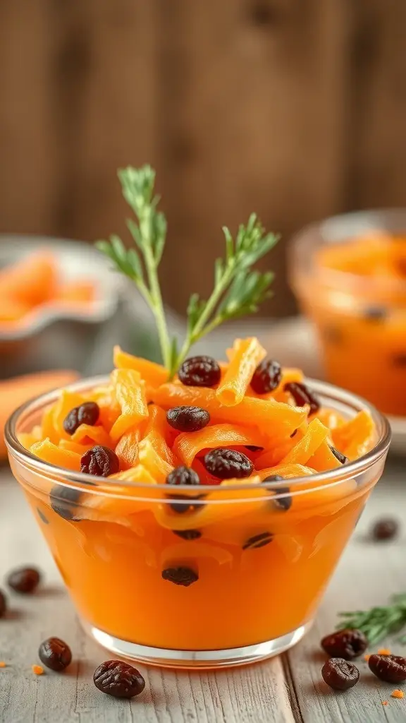 A bowl of Carrot Raisin Jello Salad with shredded carrots and raisins, garnished with a sprig of green herb.