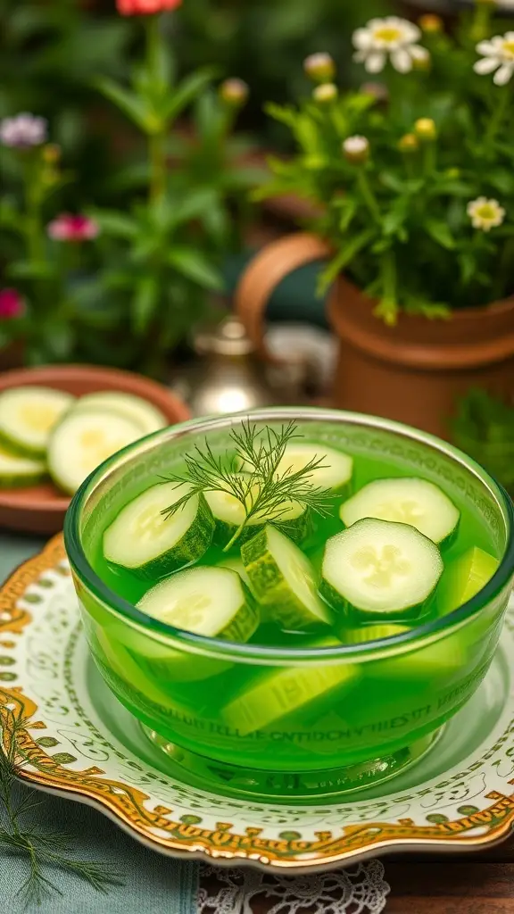 A vibrant green cucumber and dill jello salad in a glass bowl, garnished with fresh dill, surrounded by flowers.