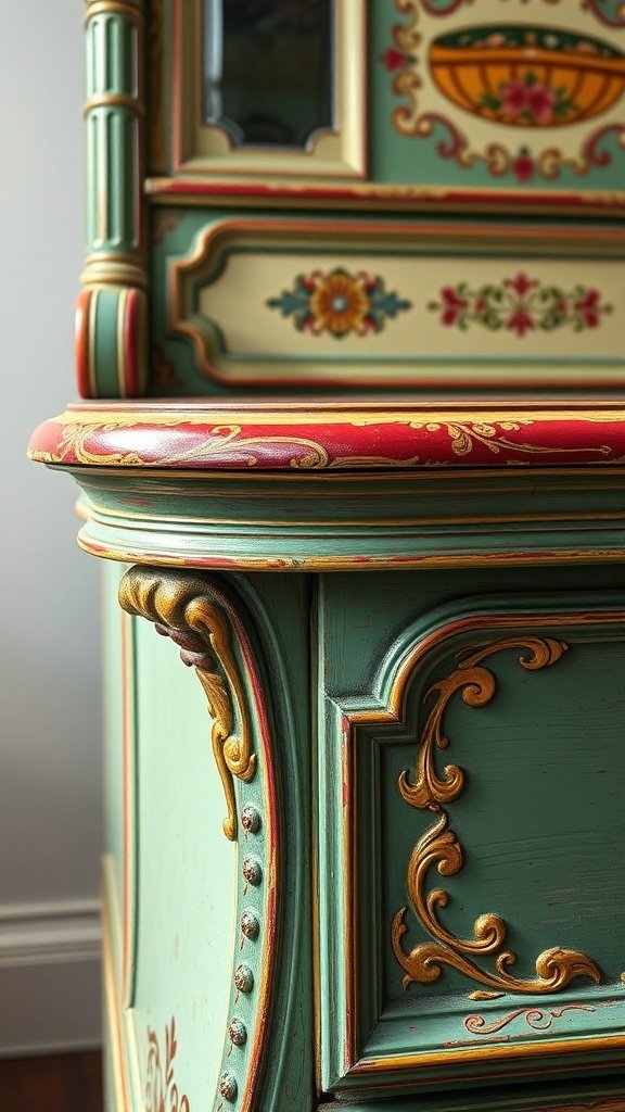Close-up of vintage hand-painted furniture with intricate designs and vibrant colors.